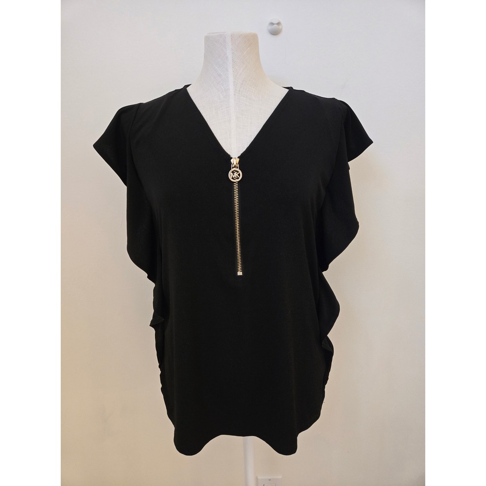 Michael Kors Black Ruffle Sleeve Zip Front Top Blouse Gold Logo Medium